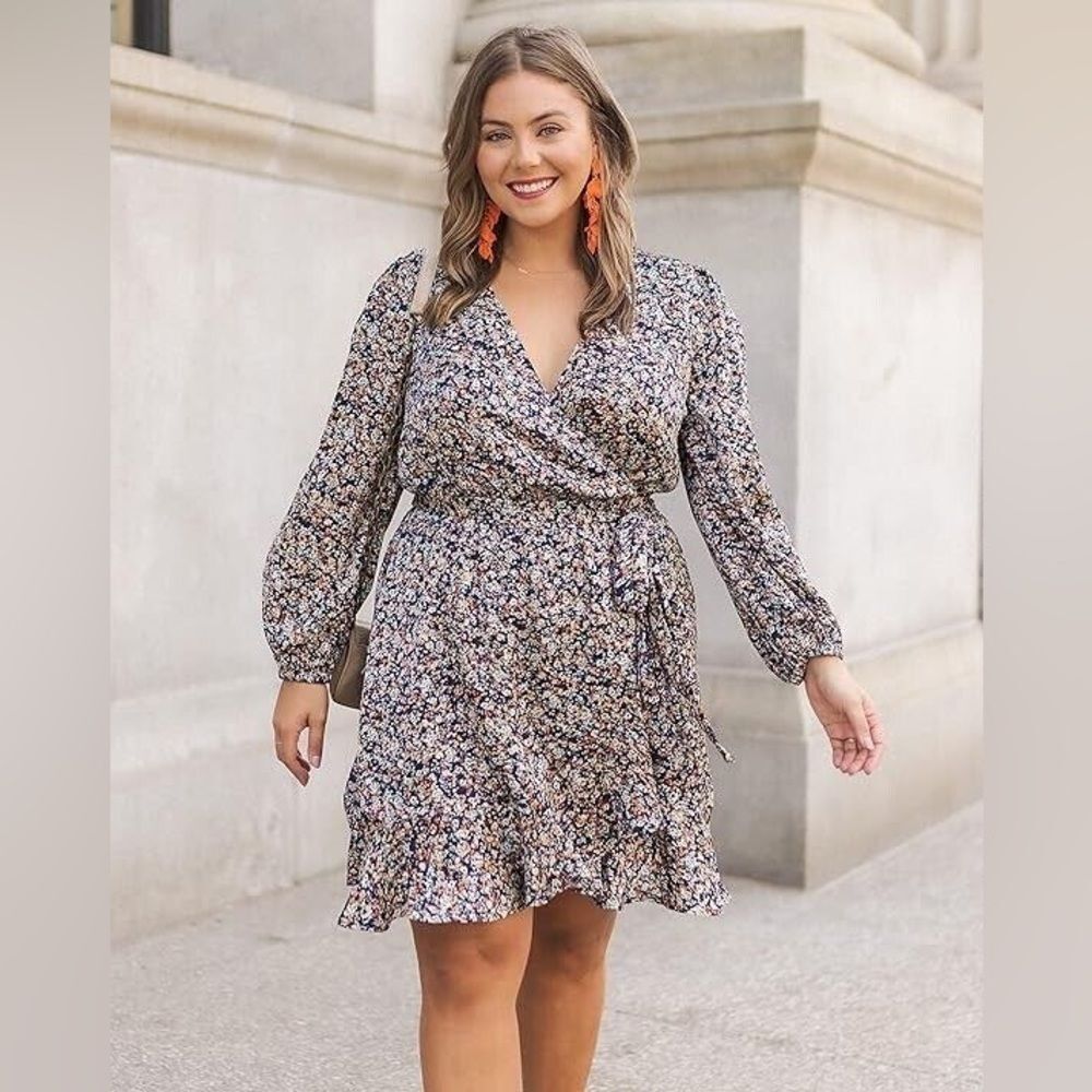 Caralyn Mirand The Drop Size 2X Navy Floral Long Sleeve Faux Wrap Front Dress